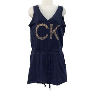 CALVIN KLEIN Womens Romper Size M Navy Blue Sleeveless V- Neck Tie Elastic Waist